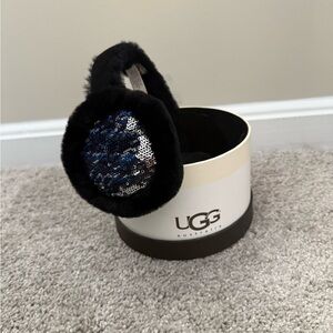 UGG Black Faux Fur Ear Muffs with Blue & Silver Sequins